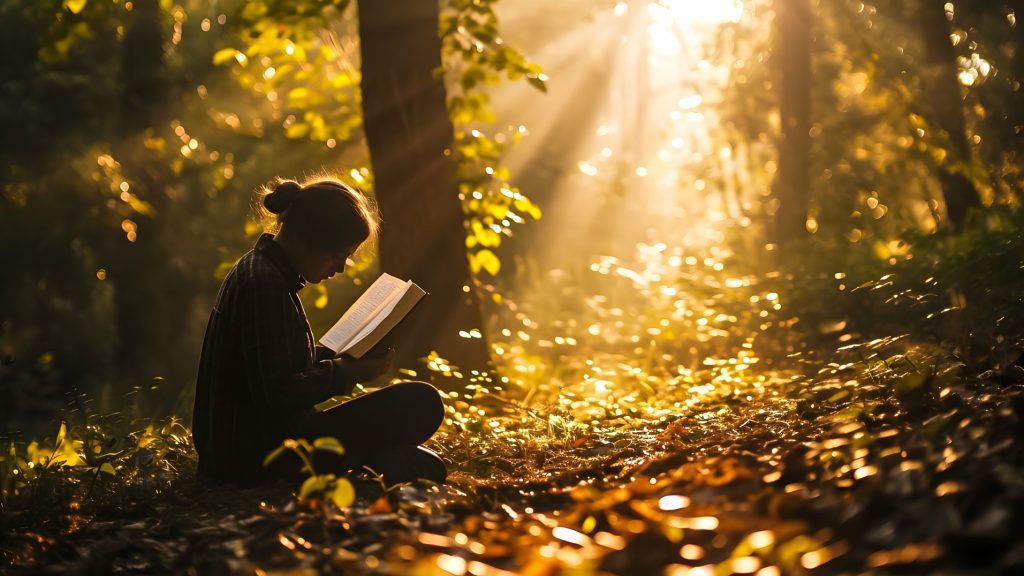 Woman reading in a forest with rays of sun shining through trees