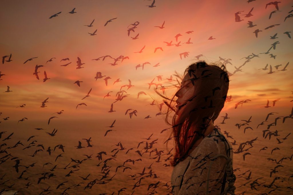 Woman at sunset with birds flying around her